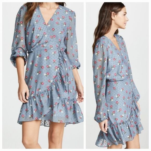 WAYF Women’s Wrap Dress XS Blue Pink Floral Long Sleeve Sheer Romantic - Picture 2 of 13